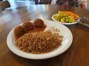 Masala kofti with buckwheat and salads at Glonojad in Krakow