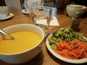 Vegan pumpkin soup, salad at Glonojad in Krakow