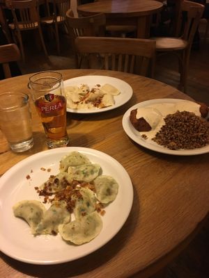 Lentil pierogi, cottage cheese and potato pierogi, vegetable cakes w/ buckweat at Glonojad in Krakow