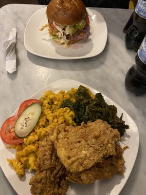 chicken sandwich and fries chicken platter at Nourish Philly in Philadelphia