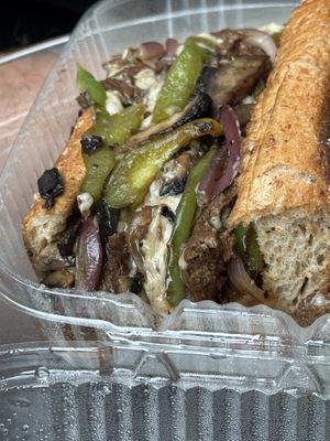 Closeup of the cheesesteak “that Philly jawn”  at Nourish Philly in Philadelphia