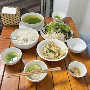 Tofu dumplings with vegan fish sauce, morning soup and  salad  at Katze Vegan & Vegetarian  in Hanoi