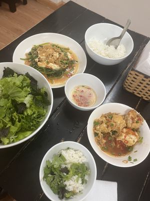 Such good food. Got vegan prawns and it was served with greens and herbs, tomato and tofu, and I asked for some chili on the side and got fresh chili + lemon and salt. Amazing!  at Katze Vegan & Vegetarian  in Hanoi