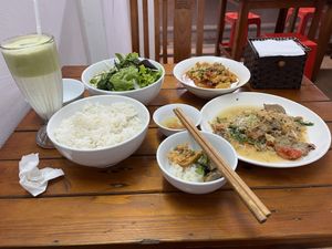 A family style meal for just $3US, and I ordered for one!  at Katze Vegan & Vegetarian  in Hanoi