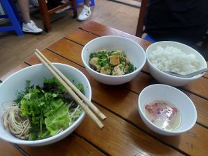 Some of the complimentary dishes. I was later offered more tofu in tomato sauce, no extra cost. at Katze Vegan & Vegetarian  in Hanoi
