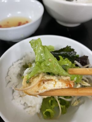 Tofu - eat with rice, lime sauce, greens  #Veganuary at Katze Vegan & Vegetarian  in Hanoi