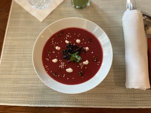 beetroot and apple soup  at Yogi Booster in Lausanne