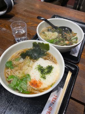 Totoro soba (left) and Sansai soba (right) both warm at Takaosan Sumika in Hachioji