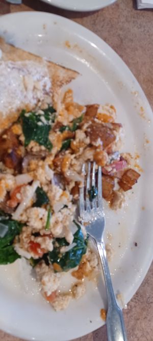 Vegan Scramble with Fire 9 hot sauce. at Nancy's Café in Auburn