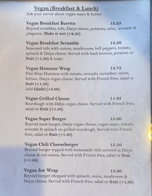 Vegan portion of the menu    at Nancy's Café in Auburn