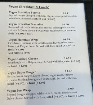 Portion of vegan menu   at Nancy's Café in Auburn