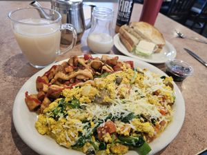 Vegan scramble with home fries at Nancy's Café in Auburn