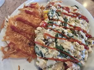 Vegan tofu scramble with hash browns (extra crispy) at Nancy's Café in Auburn