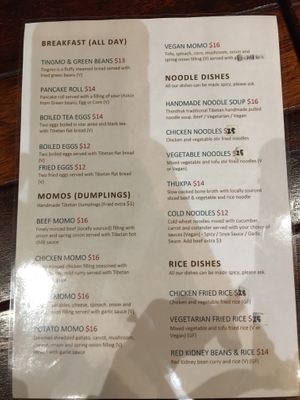 Menu at Tibet Kitchen in Katoomba