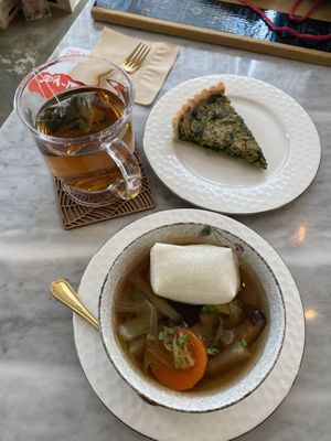 Fantastic meal!  Peppermint tea, spinach quiche, and the most amazing soup special!  at Vegan & Beyond in Seoul