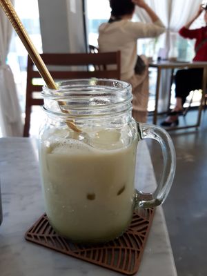 Green tea latte with oat milk at Vegan & Beyond in Seoul