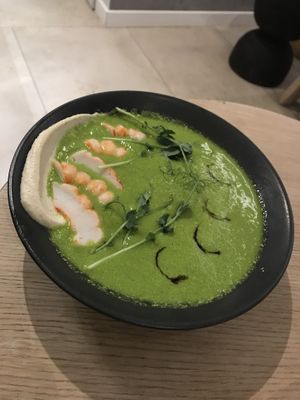 Green soup with shrimps  at Holi Yoga & Cafe in Moscow