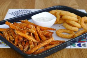Sweet potatoes fries & onion rings at IBA.TU Bistro in Vysoke Tatry