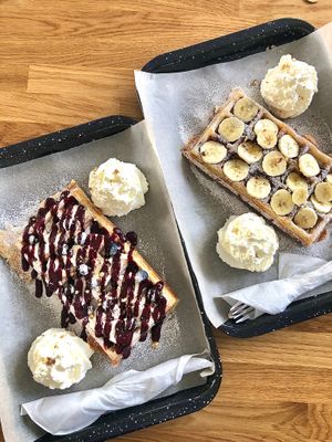 Waffles - forest fruit/ Nutella & banana  at IBA.TU Bistro in Vysoke Tatry