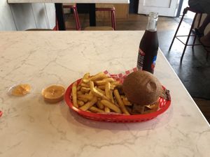 Dirty Boy Burger  with vegan sriracha mayo, fries and Karma Cola.  at Wise Boys Burgers - Auckland CBD in Auckland