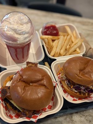 Strawberry Shake, Fries, Dirty Boy and Spicy Chicken at Wise Boys Burgers - Auckland CBD in Auckland