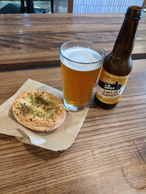 The chicken pie and kombucha (beer purchased elsewhere) at Tart Bakery - Queen St in Auckland