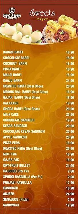 Sweets menu at Gobind Sweets in Thomastown