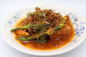 Stir-fried soft tofu w vegan red curry paste, beans & Thai basil at The Golden Peanut  in Reservoir
