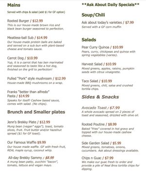 Our summer menu at Rooted Plant-Based Eating in Midland