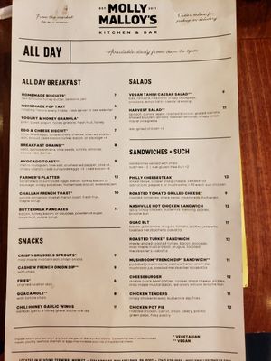 Everything with two stars is vegan. One star is vegetarian. at Molly Malloy's in Philadelphia