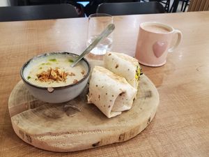 Brekkie Wrap, Creamy cauliflower soup and hot chocolate at Grounds & Greens Cafe in White Rock