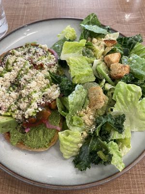 Green toast with salad  at Grounds & Greens Cafe in White Rock