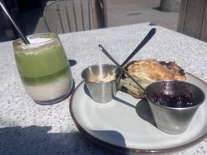 Matcha and lavender iced oat latte   at Grounds & Greens Cafe in White Rock