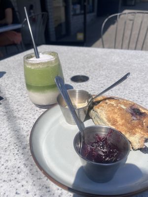 With the blueberry scone !   at Grounds & Greens Cafe in White Rock
