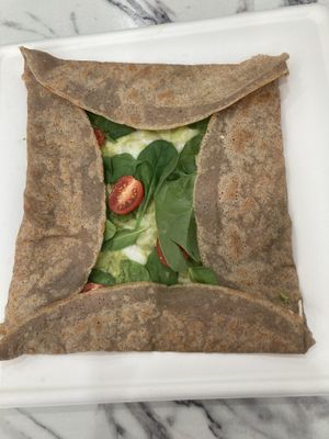 Tomato spinach and (vegan) cheese crepe  at Froglanders in Carlsbad