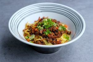 Dan Dan - Eggplant, mushroom, carrot, kohlrabi, lettuce, Szechuan pepper,
spinach noodles  at Chi in Vancouver