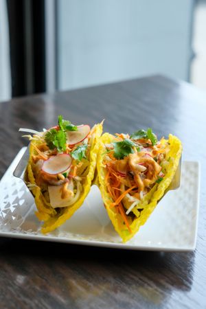 Banh Xeo Taco - “Shrimp, pork belly”, bean sprout, herbs, shallot, cilantro 
house sauce, lime

Mushroom, jicama, carrot, shallot, cilantro, herbs, lettuce, 
lime, bean sprout at Chi in Vancouver