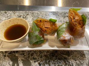 Veggie Roll - Tofu, taro, rice paper, herbs, carrot, tamarind soy sauce at Chi in Vancouver