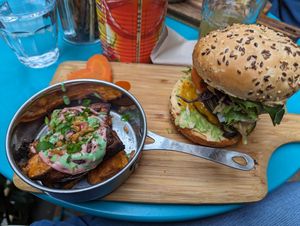 Vegan burger with roasted sweet potatoes at La Cantine de Sam in Paris