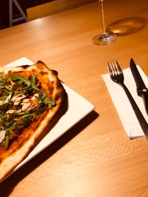Awesome Pizza with chanterelles rucola and vegan cheese  at Gasthaus Heidekrug in Nuremberg