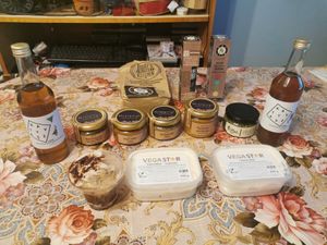 Some of the products sold at the market: vegan tartar sauce and cooking cream, lavender and menthol syrup, tiramisu, pâtés, organic coconut oil for cooking, and for salads.  at Vegan Sunday Market in Budapest