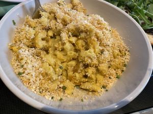 Mac and cheeze with light toasted bread crumbs at Neon Tiger in Charleston