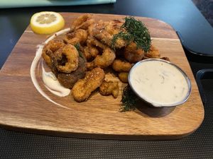 Trumpet mushroom calamari | tartar sauce at Neon Tiger in Charleston