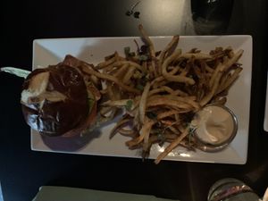 BBQ burger and fries  at Neon Tiger in Charleston