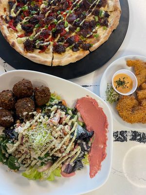 BBQ Jackfruit Pizza, Falafel Salad, & Konjac Shrimp  at Neon Tiger in Charleston