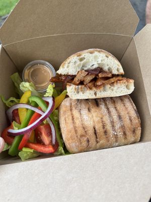 BBQ seitan ciabatta w/side salad at Plant & Planet in Castleton