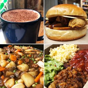 Hot choc / breakfast roll / vegan beef cassoulet / Texas bean chilli at Plant & Planet in Castleton