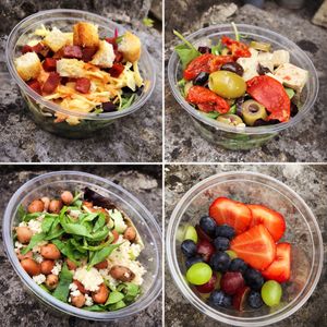 Salad pots- all plant based, even the deli cuts and cheeses. Homemade ‘feta’ and finest antipasti   at Plant & Planet in Castleton