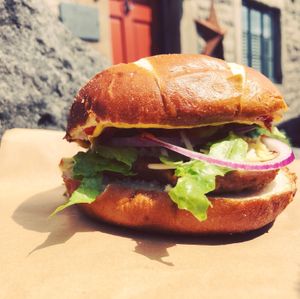 Classic cheeseburger handmade seitan at Plant & Planet in Castleton