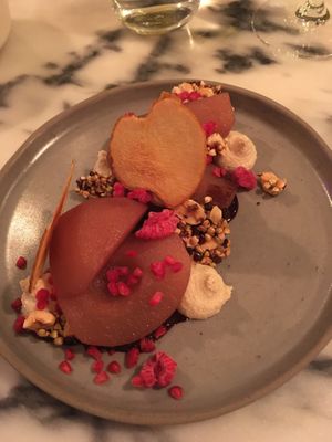Dessert : poached pear, chocolate, buckwheat, raspberries at Senhor Uva in Lisbon
